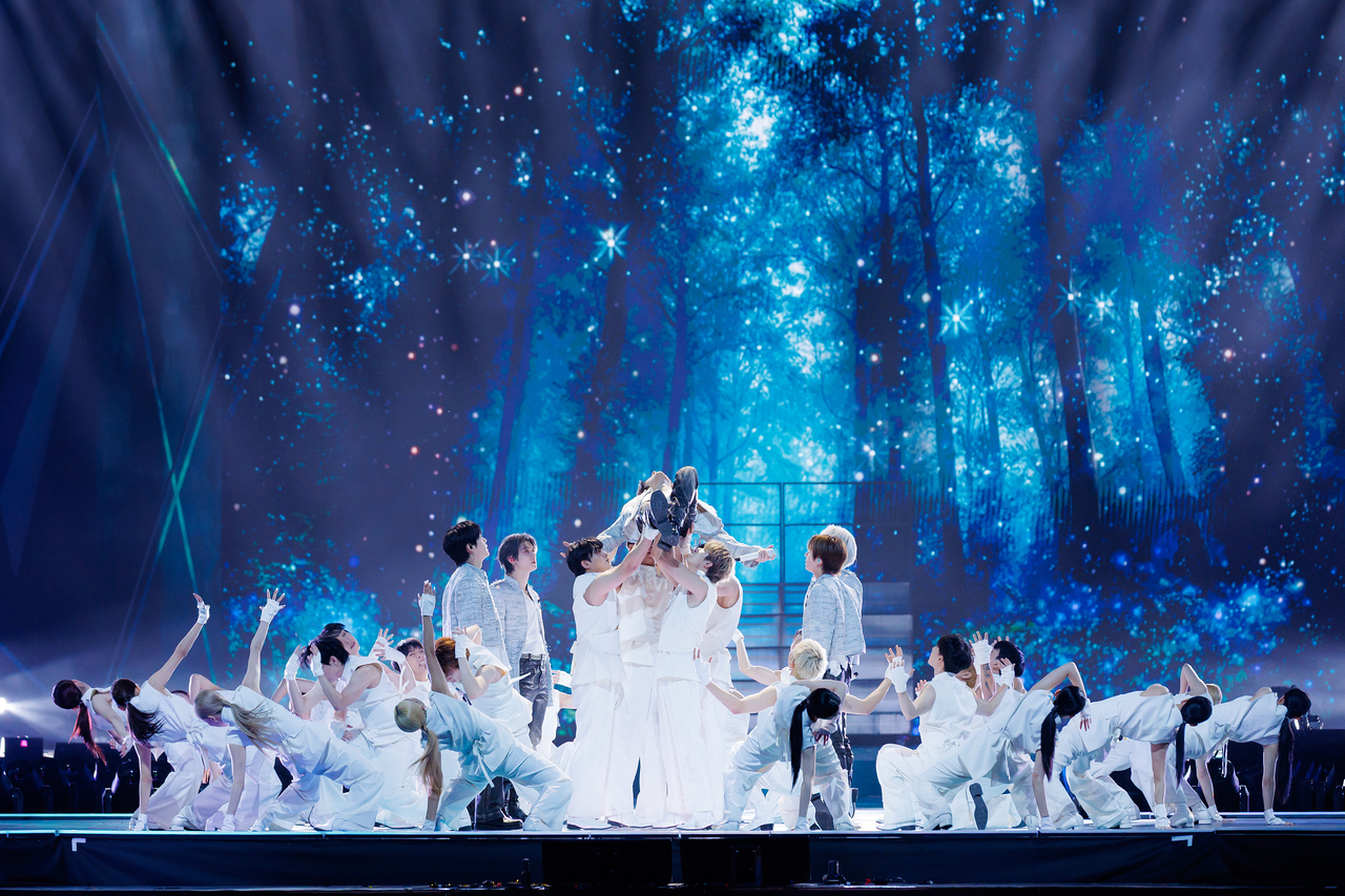 Tomorrow X Together performs during the Mnet Asian Music Awards held at Kai Tak Sports Park in Hong Kong, Saturday. (CJ ENM)