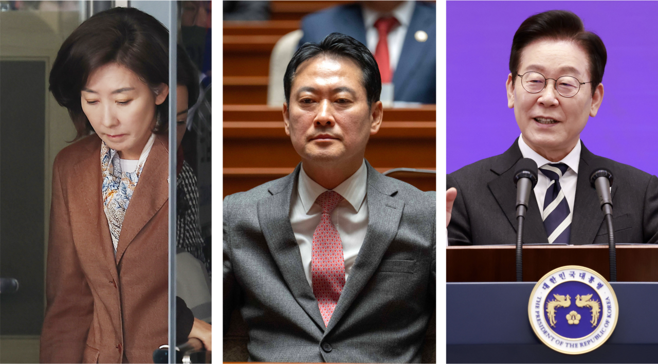 From left: Rep. Na Kyung-won of the People Power Party; Rep. Jang Dong-hyeok, chair of the People Power Party; and President Lee Jae Myung. (The Korea Herald DB and Yonhap)